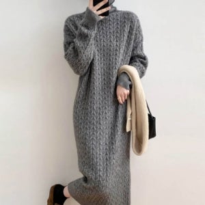 목폴라 롱 니트 원피스 터틀넥 솔리드 컬러 원마일 룩