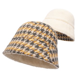 국내제작 하운드 체크 패턴 양면 버킷햇 후리스 리버시블 벙거지 모자