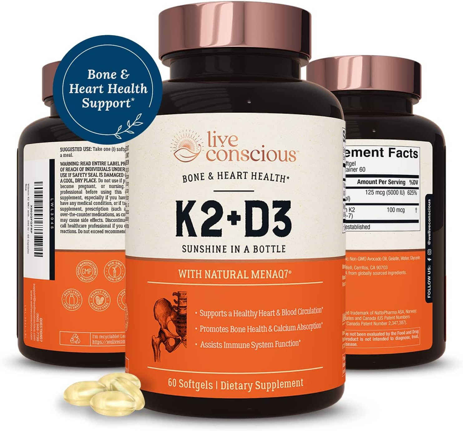 <b>Live Conscious</b> Vitamin K2 MK7 with D3 Supplement 5000 IU <b>뼈</b> &amp; 심장 건강 60 Softgels