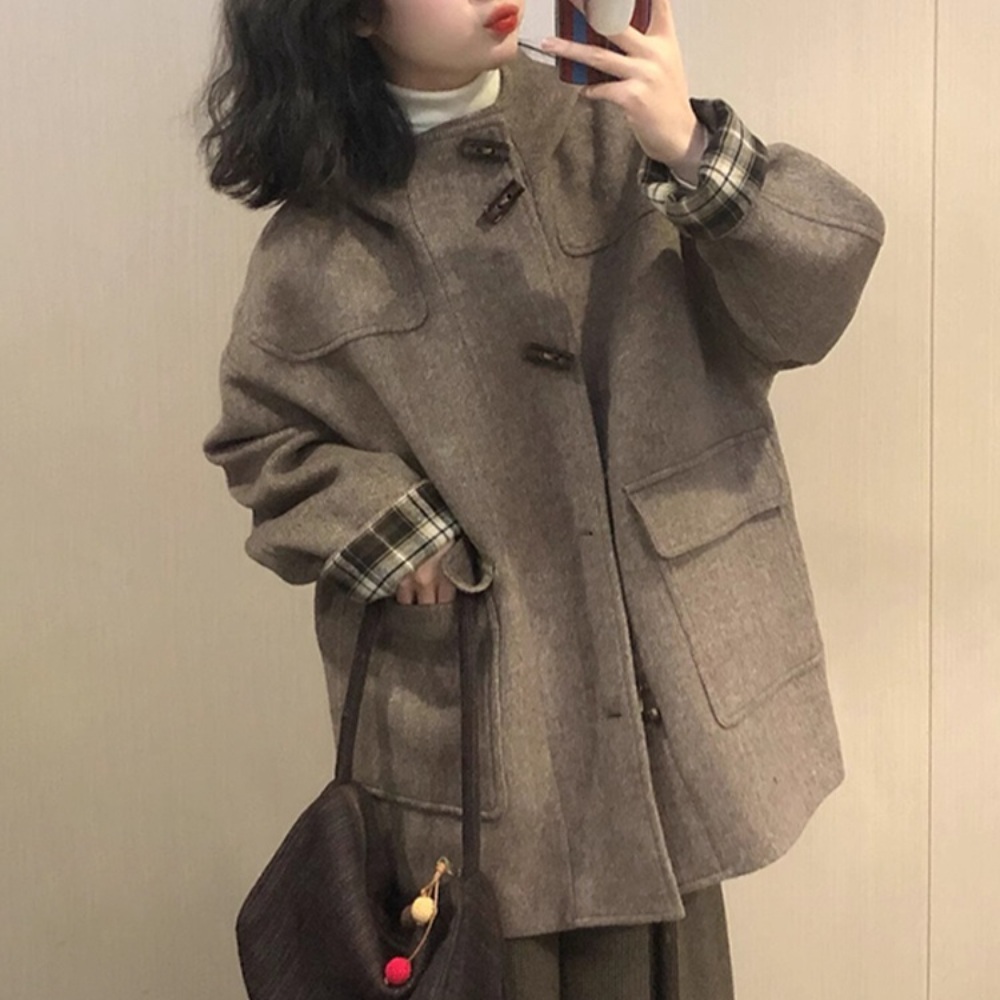 갈색 후드 모직 자켓 키작녀 고급스러운 두꺼운 더플 떡볶이 코트