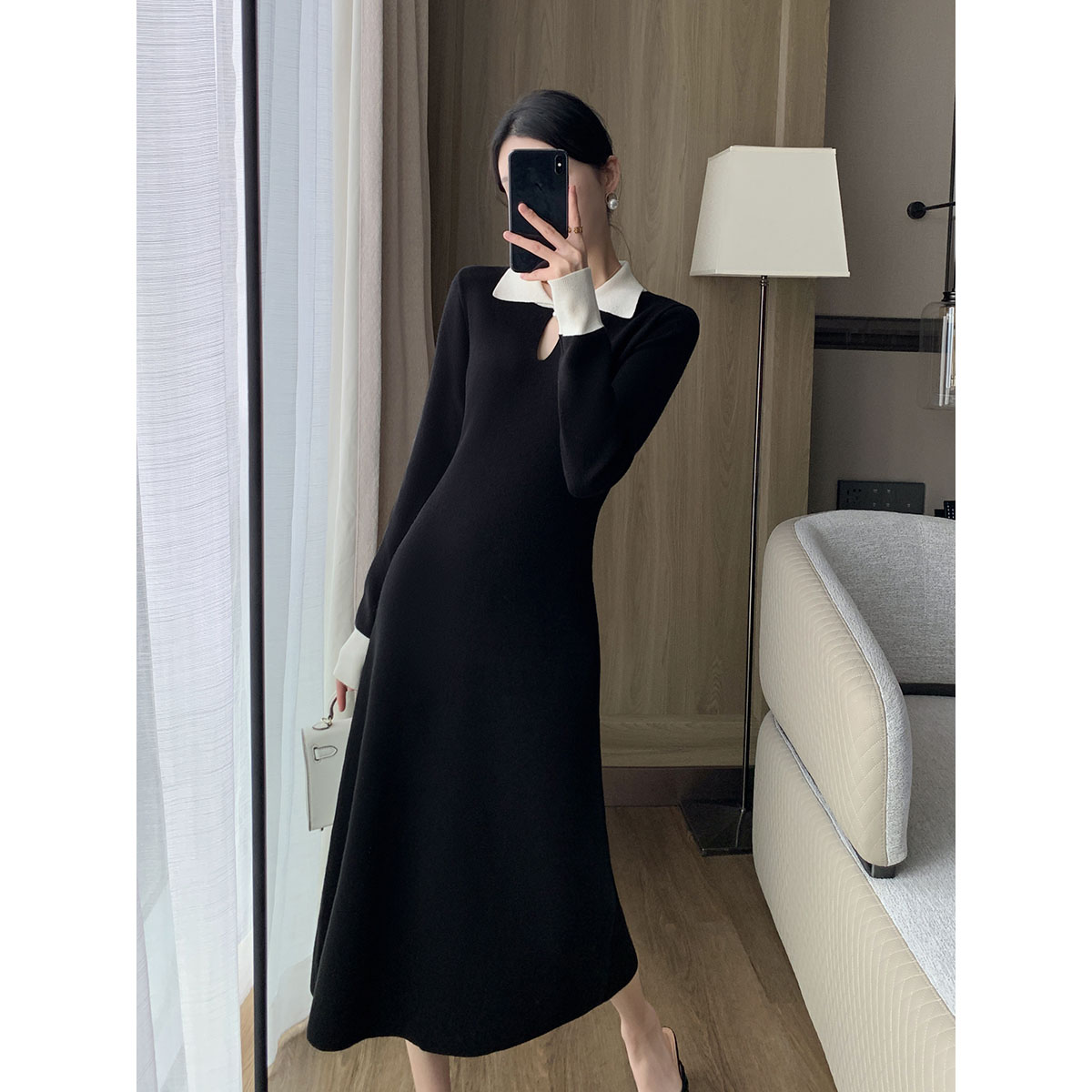 블랙 화이트 카라 하객 롱 원피스
