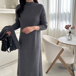 (조끼세트) 겨울 원피스 반목 터틀넥 A라인 롱 원피스 하객