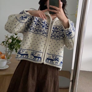 노르딕가디건 노르딕니트집업 눈꽃 도톰가디건 레드 블루