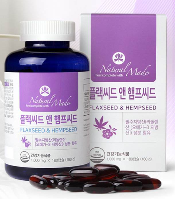 네츄럴<b>메이드</b> 플랙씨드 앤 햄프씨드 180g (1,000mg x 180캡슐) 3개월분