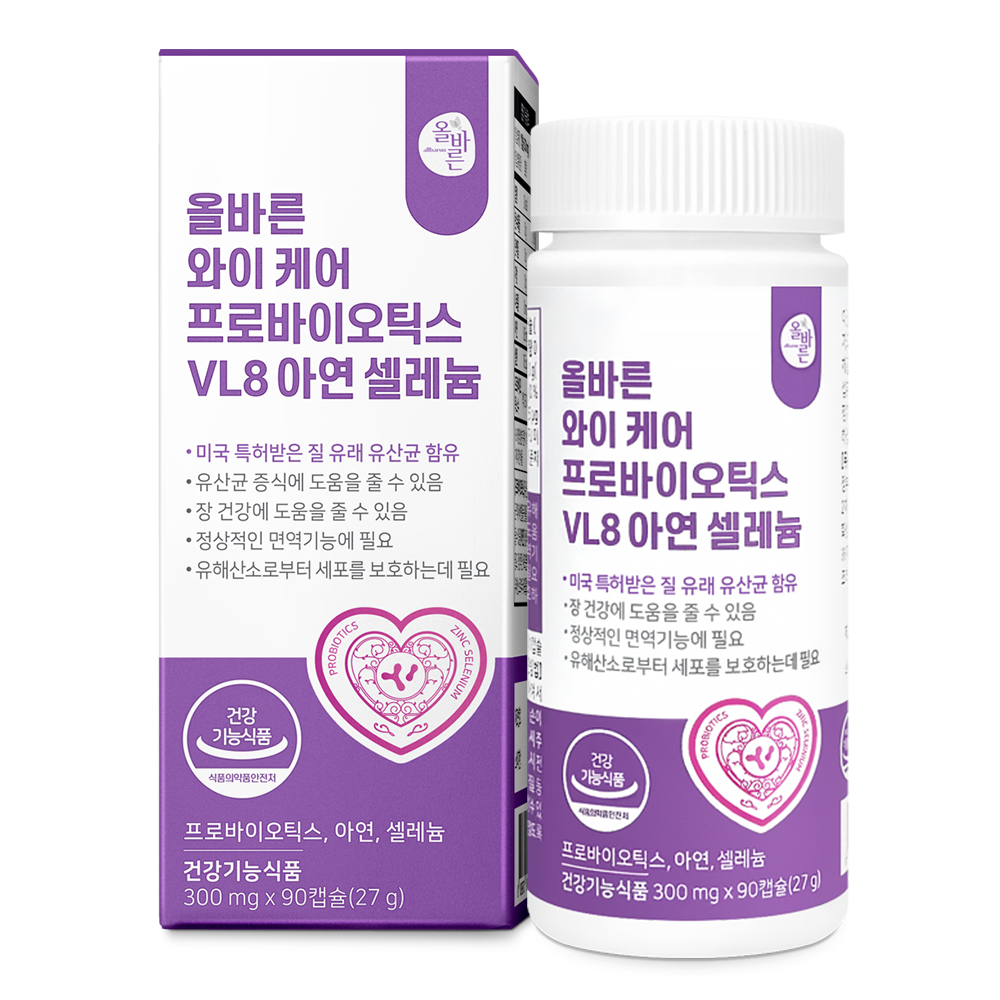 [질 유래 유산균] 올바른 <b>와이 케어 프로바이오틱스 VL8</b> 아연 셀레늄 90캡슐, 1개