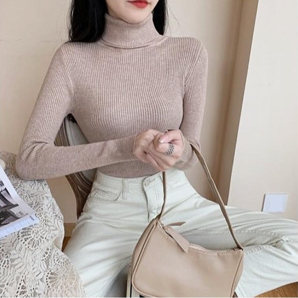 목폴라티 골지 터틀 넥 베이지 무지 기본 긴팔 티