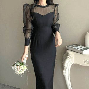 포르테 오간자 퍼프 몸매보정 스판 펜슬 롱 부케 피로연 하객 연말 파티 원피스(3color)