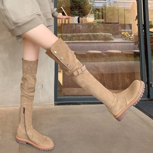 여성 연브라운 버클 포인트 장식 롱부츠