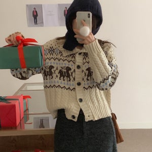 센트럴 여성 노르딕 니트 연말룩 루돌프 꽈배기 겨울 하이넥 니트가디건 - 3 Color