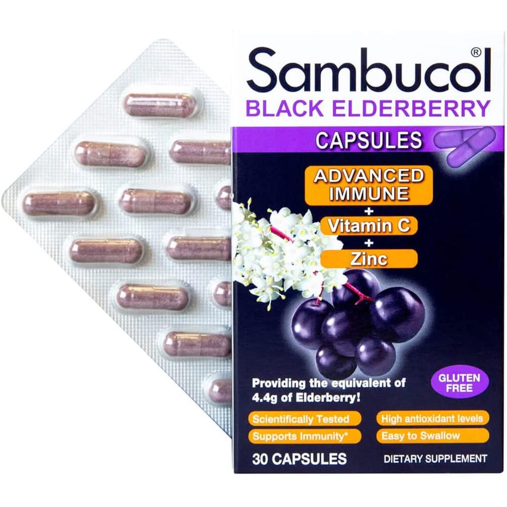 Sambucol 삼부콜 <b>블랙 엘더베리 어드밴스드 이뮨</b> 비타민 C + 아연 시럽 캡슐 30정