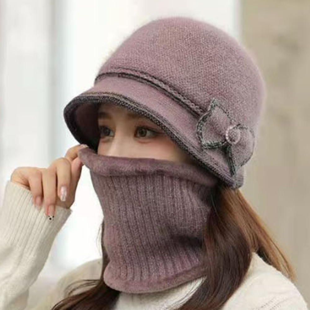 밍크안감 겨울모자 할머니 어르신 중년 여성 엄마 버킷햇 니트 벙거지 방한 모자워머세트 퍼플