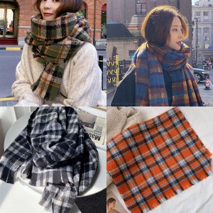 쏭이네 목돌이 4컬러 여자 명품 커플 체크 줄무늬 얇은 머플러 그린 블루 블랙 오렌지