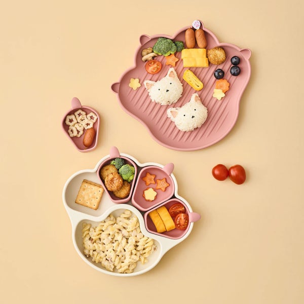 퍼기 유아 실리콘 냥냥 이유식 흡착 식판 플레이트 접시 세트 아기 식기 그릇 드라이로즈