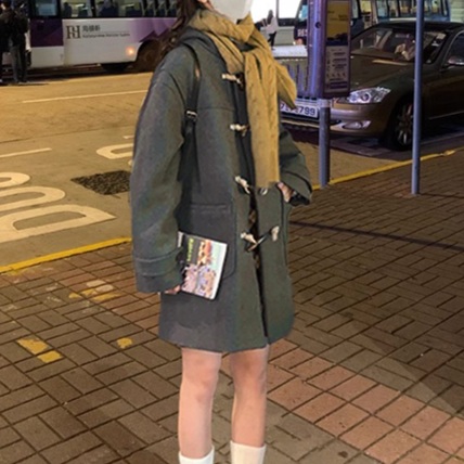 두꺼운 후드 떡볶이 더플 코트 미디 양모 오버핏 키작녀 모직 자켓 그레이 브라운