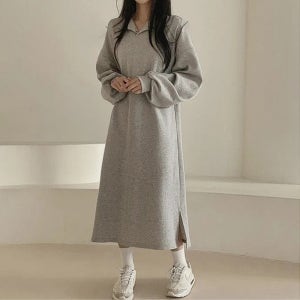 여자 기모안감 카라 롱 면 원피스 무지 오버핏 루즈핏 데일리 절개 옆트임 편안한 마실