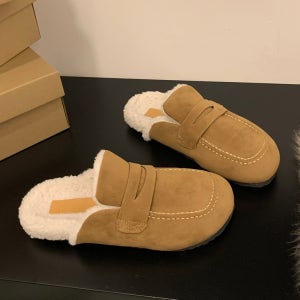 여성 겨울 로퍼 뮬 실내화 털 기모 클로그 스웨이드 플랫 블로퍼 슈즈 베이지 230