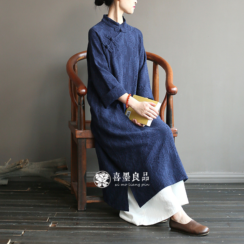 <b>1896</b> Ximo 원래 가을 중국 스타일 중국 복고풍 비스듬한 옆을 터 놓은 부분 단추 더블 레이어 코튼 자카드 드레스와 가운