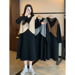 L-4XL 빅사이즈 가을 겨울 페이크투피스 후드 롱원피스 지퍼 배색 심플한 귀여운 통통녀