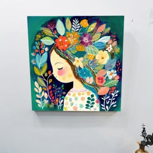 에이리 작가 꽃머리 소녀 캔버스 그림 액자 북유럽 인테리어 500x500mm, 그린