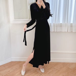 브이넥 랩 벨벳 원피스 가을 겨울 롱원피스 블랙 파티 하객룩