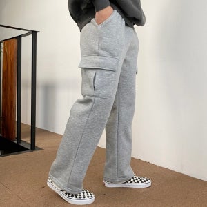 M-3XL 남자 기모 겨울 와이드핏 밴딩 카고 스판 트레이닝팬츠 추리닝바지