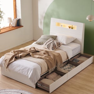 에몬스 샤이닝온 LED 수납 침대세트 SS 유로탑 7존독립스프링, 화이트