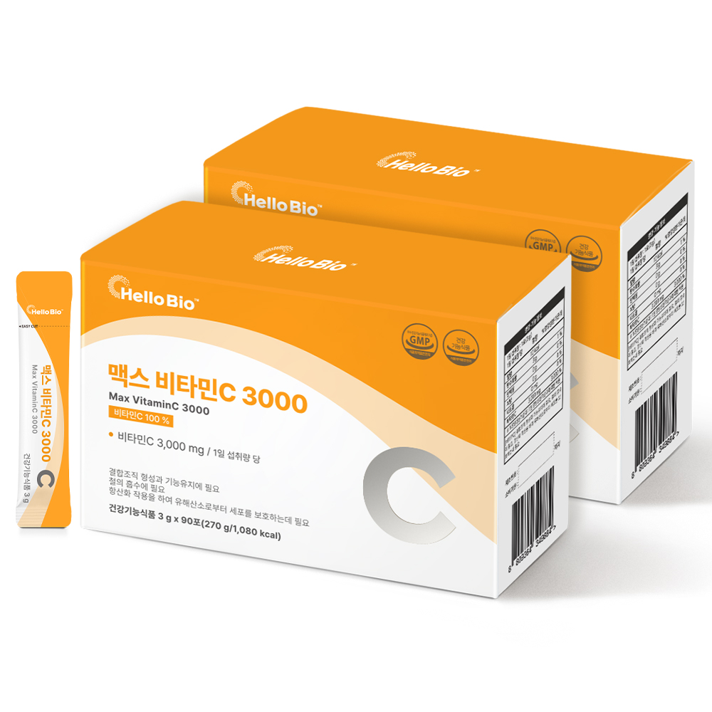 [30포 추가 증정] 헬로바이오 맥스 비타민C 3000 <b>비타민씨</b> 고함량 고용량 분말 가루 스틱 90포, 2개