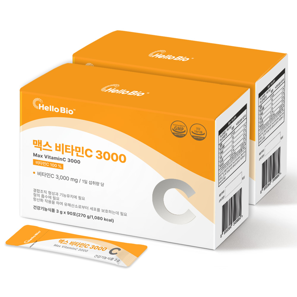 [30포 추가 증정] 헬로바이오 맥스 <b>비타민C</b> 3000 <b>비타민</b>씨 고함량 고용량 분말 가루 스틱 90포, 2개