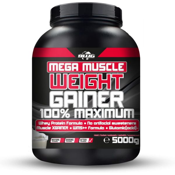 Body World Group BWG 메가 머슬 <b>웨이트</b> 게이너 100 최대 - 하드 및 대량 운동 단계에 적합 근력 바닐라 계량 스푼이 포함된 [01]5 kg (1er Pack)