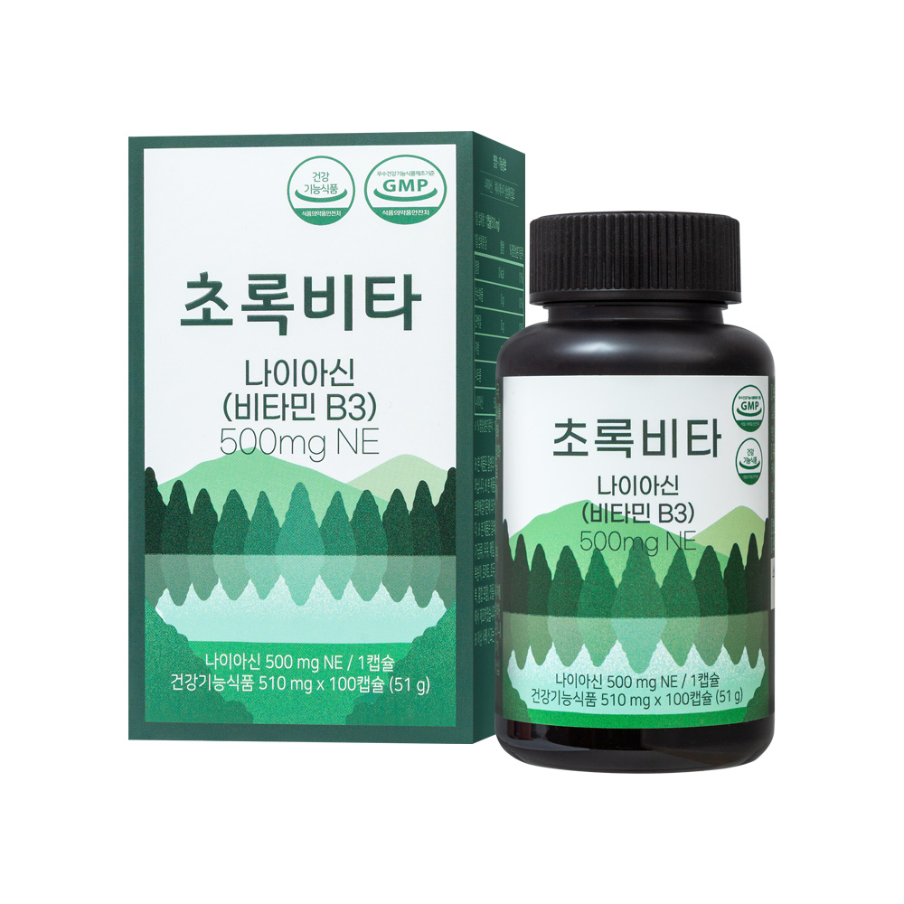 초록비타 고용량 <b>비타민B</b>3 (나이아신, 니코틴산아미드) 500mg 100캡슐 니코틴아미드 나이아신아마이드 나이아신아미드