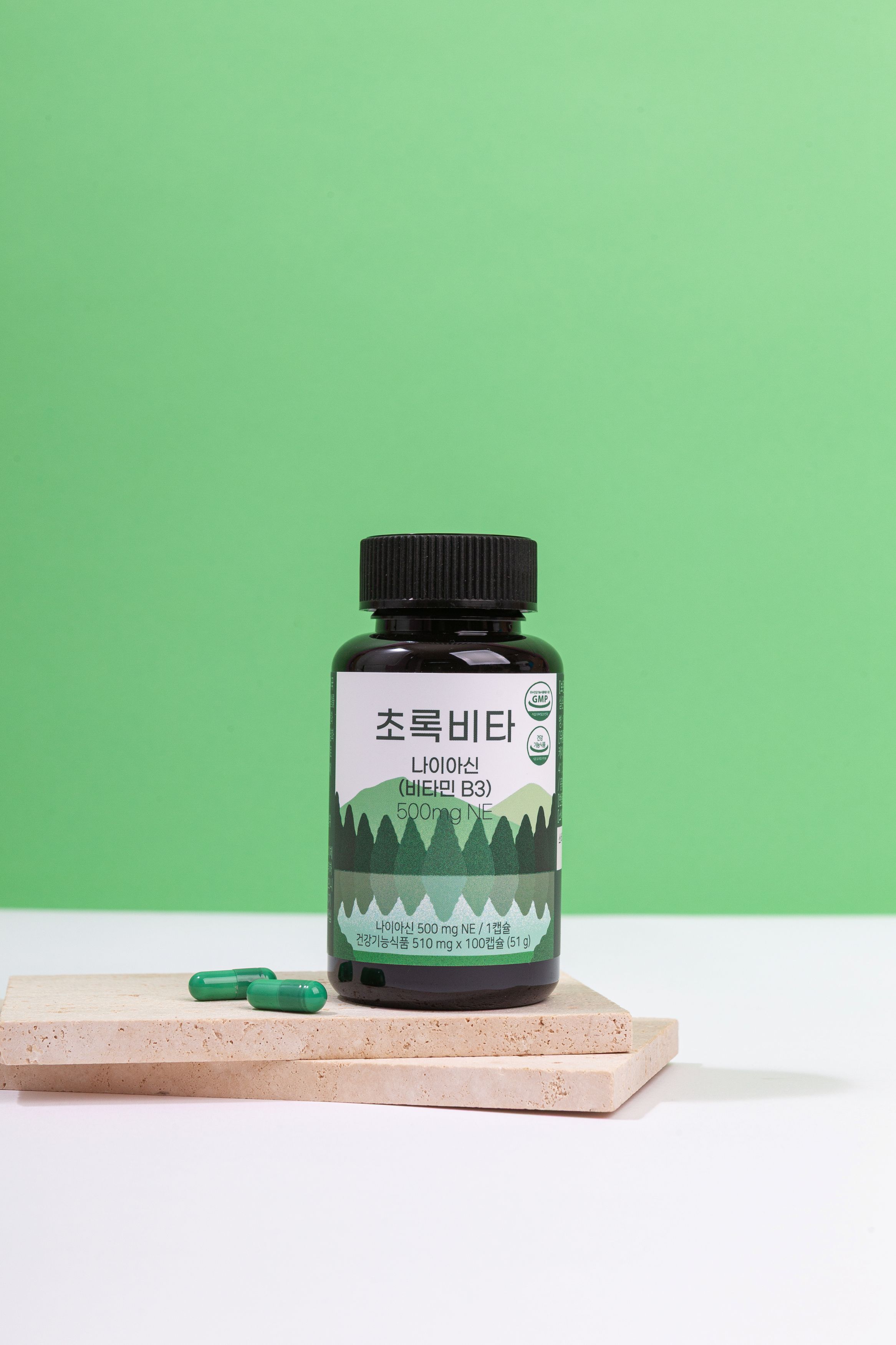 초록비타 고용량 <b>비타민B3</b> 500mg (미국산 니코틴산아미드) 100캡슐, 1개