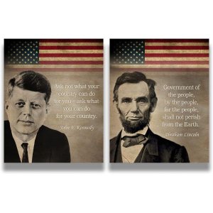 고비보 에이브러햄 링컨과 존 F. Kennedy Patriotic Wall Art 2개의 판화 세트 미국 애국 대통령 벽 장식 교실 역사적 인물 예술 8x10 프레임이 8 x 10