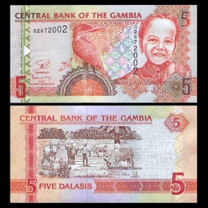 감비아 2006년~2018년 5 달라시스 지폐 1장 (완전미사용) 큰 물총새와 소녀