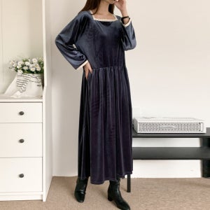 봄 가을 40대 중년 미시 여성 세련된 유넥 프릴 빅사이즈 벨벳 레이스 배색 롱 원피스