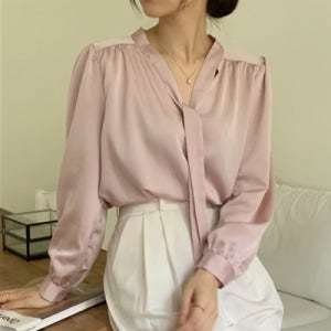 핑크 새틴 타이블라우스 리본 타이 소라색 흰색 블라우스