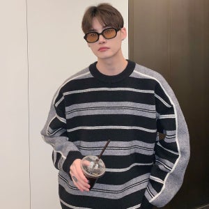 틈새 스트라이프 컬러 대비 라운드 넥 스웨터 느슨한 겨울 게으른 스타일 캐주얼 올 매치 스웨터