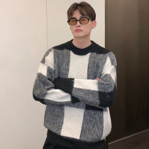 격자 무늬 대비 색 라운드 넥 스웨터 느슨한 겨울 게으른 캐주얼 니트