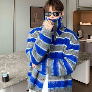 틈새 대비 색 줄무늬 옷깃 모헤어 니트 스웨터 느슨한 겨울 짧은 카디건 재킷