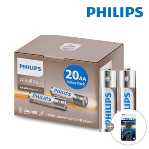 필립스 알카라인 AA 건전지 20개입+CR2032 2개입