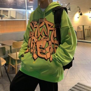 그린 형광 커플 빅사이즈 프린팅 레터링 특이한 스트릿 박스핏 오버핏 후드 맨투맨 티셔츠
