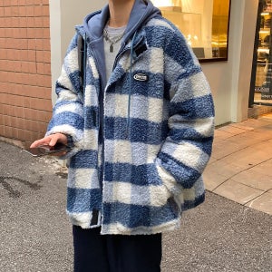 가을 겨울 브라운 타탄 체크 양털 뽀글이 루즈핏 오버핏 후드 집업 후리스 플리스 자켓
