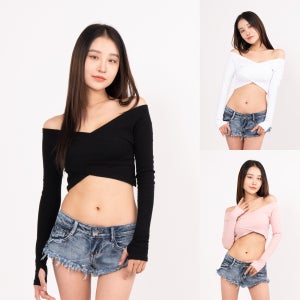 걸포유 무지 오프숄더 긴팔 크롭티 브이넥 바디프로필