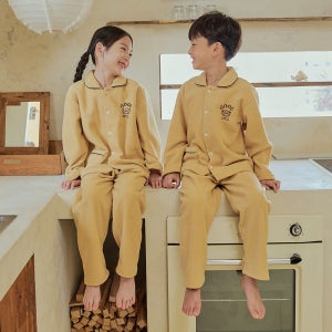 국산 남 여 아동 주니어 바닐라 긴팔 상하 후리스 잠옷 세트 머스터드 원더풀라이프