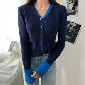 젠버 마법핏 쫀쫀 탄성좋은 배색 골지 가디건