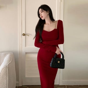 섹시 슬림 롱 원피스 겨울 레드 하객 결혼식 연말룩