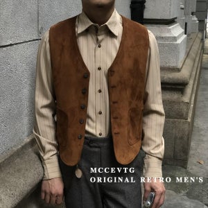 MCCEVTG 아메카지 워크웨어 스웨이드 빈티지 정장 조끼 브라운