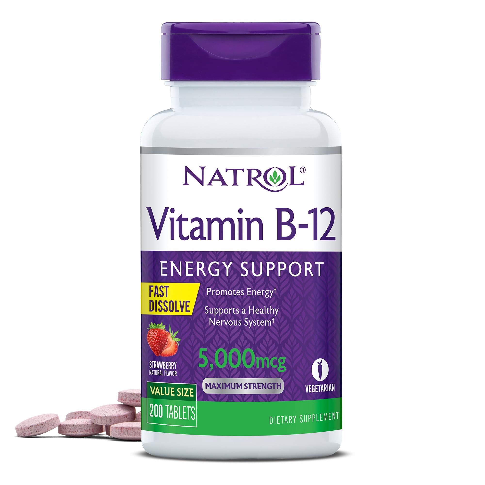 나트롤 <b>Natrol 비타민 B12</b> 5000mcg 딸기맛 베지 태블릿 200정