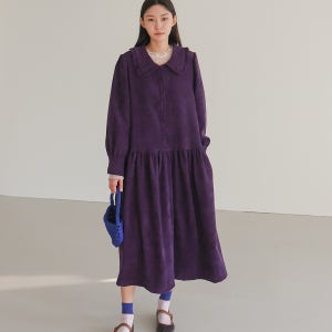 겨울 프릴 카라 골덴 롱 원피스 코듀로이 셔링 플레어 퍼플 보라색 오버핏 빅사이즈