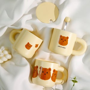 곰돌이 뚜껑 머그컵 스푼세트 420ml 예쁜 도자기컵 선물