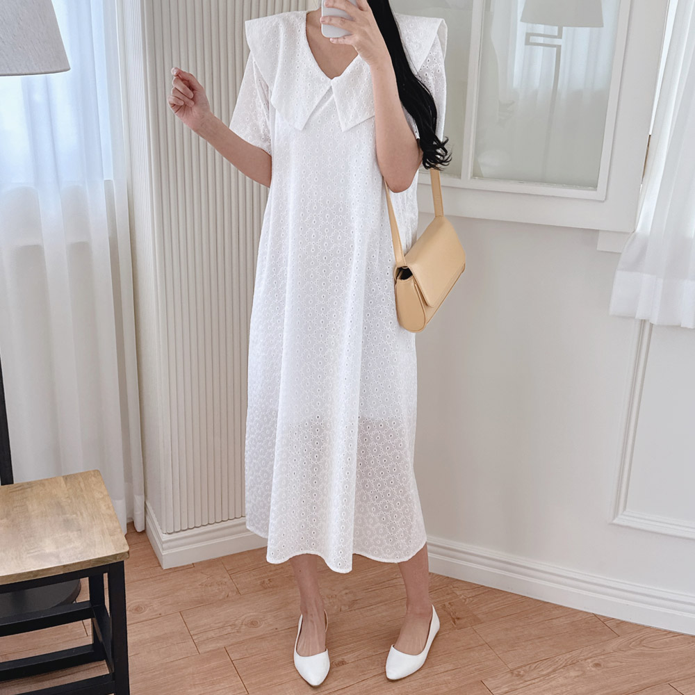 빅카라 여름 롱원피스 예쁜 꽃무늬 화이트 펀칭 원피스 자수 휴양지 봄 여행